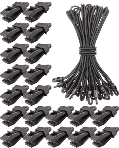 WMZOBH 20 Pcs Tarp Clips + 20 Pcs Small Bungee Cords with Hooks 10 Inch - Heavy Duty Tarpaulin Clips and Clamps (Black)