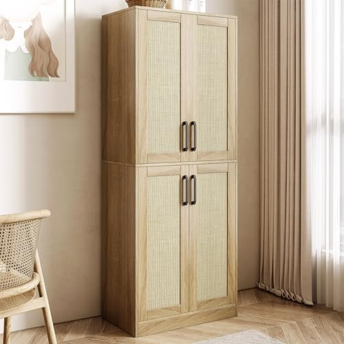 Jheumaj Storage Cabinet - Kitchen Pantry Cabinet, Tall Pantry Storage Cabinet Freestanding with 4 Rattan Doors and Adjustable Shelves, Cupboard Cabinet for Dining Living Room, Laundry, Bathroom, Wood