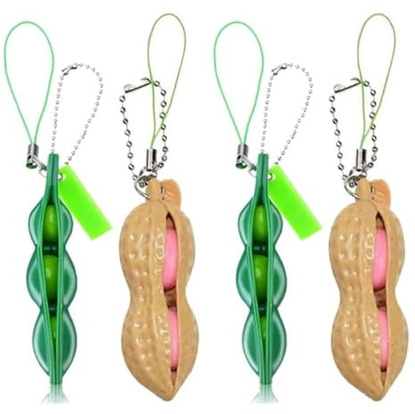 Tomedeks 4 Stück Quetschbohnen Schlüsselanhänger, Squishy Erbsenkapsel Stress Spielzeug, Squishy Erdnuss Edamame Bohnen Fidget Toys,Bringen Spaß Schlüsselanhänger Handykette, Tasche Anhänger(2Form)