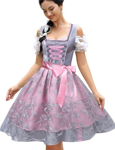 Zeagoo Dirndl Damen Trachten Midi Dirndl Exklusiver Spitzen Trachtenkleid Oktoberfest Bierfest Kleider Klassisches Dirndl XS-XXL