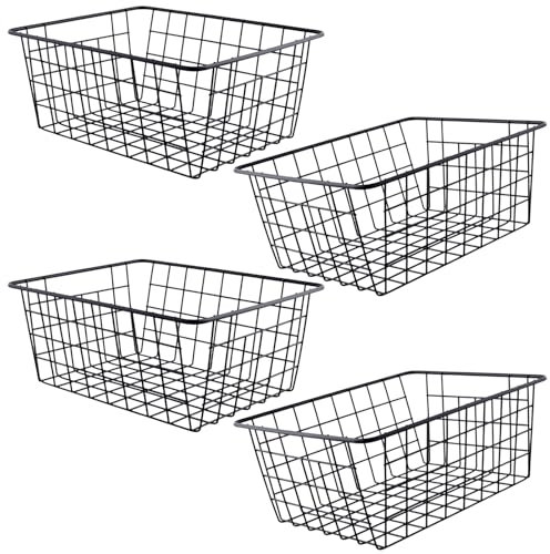 MAHIONG 4PCS Black Wire Storage Baskets, 28 x 22 x 12cm Metal Wire Basket Bin, Pantry Storage Baskets with Handle for Kitchen, Closets, Bedroom, Bathroom