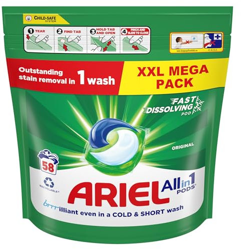 Ariel 3in1 PODS®, Washing Liquid Laundry Detergent Capsules XX Washes, Original, Stain & Odour Removal in 1 Wash, Fast Dissolving Even In Cold