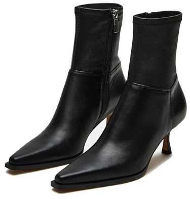 Atsroel Black Fall Booties Side Zip Mid Calf Boots Pointed Toe Ankle Boots Kitten Heel Dressy Boots Short Boots For Woman