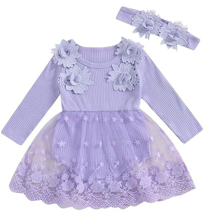 Geagodelia Bambine 2 Pezzi Abiti Outfit Farfalla Manica Lunga Principessa Vestito e Fascia Pagliaccetti Neonato per Party Battesimo Cerimonia (Viola A, 6-12 Months)