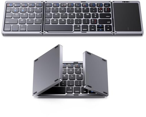 OMOTON Clavier sans Fil avec pavé Tactile, Clavier Bluetooth Pliable, Mini Clavier Portable Rechargeable, AZERTY Clavier Multi-appareils pour iPad/Portable/Windows/Android/Tablette (Noir)