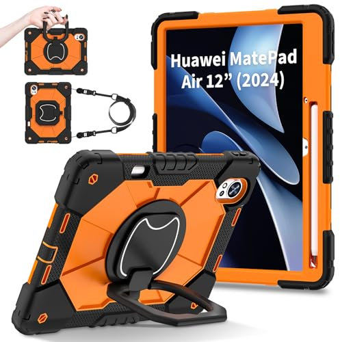 FONREST Coque portable robuste pour Huawei MatePad Air 12 2024 avec porte-crayon, béquille pivotante, anneau de suspension, poignée de levage, lanière hybride résistante aux chocs (noir + orange)
