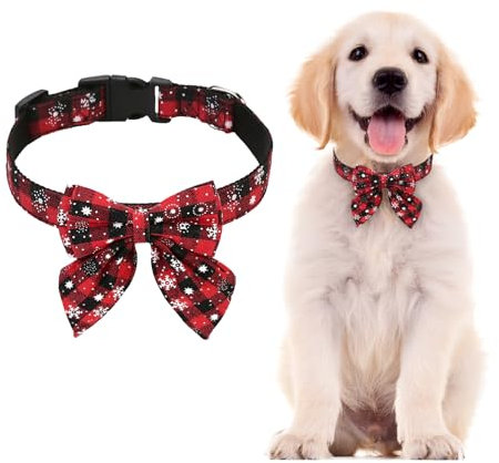 Weihnachts-Hundehalsband mit Fliege, verstellbares Hundehalsband mit Schottenkaro, Rot, Weihnachts-Hundehalsband für kleine, mittelgroße und große Hunde
