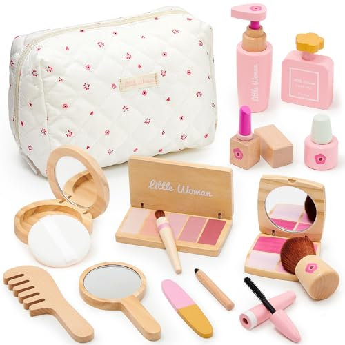 Holz Kinderschminke Set Mädchen Kinder Schminke Makeup Spielzeug Rollenspiel Beauty Set mit Schminkkoffer Schminkset Holzspielzeug Weihnachten Geburtstags Geschenk für Mädchen ab 3 4 5 6 7 Jahre