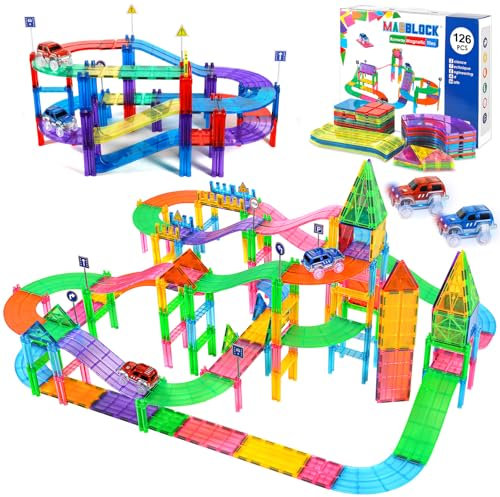 AQXONG 126Pcs Magnetisches Baustein Spielzeug für Bahnrennen, Magnetisches Bauspielzeug mit LED Rennwagen, Magnetisches Konstruktions Spielzeug, Geeignet für Jungen und Mädchen AB 3 Jahren