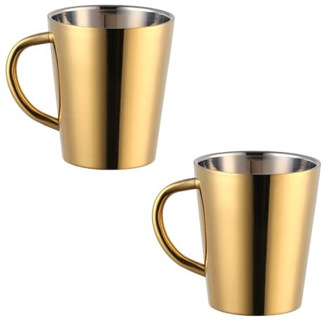 TEAHAHA Stainless Steel Coffee Mugs Set of 2, Double Walled Insulated Coffee Cups with Handles, 300ml Metal Milk Juice Mug,Dishwasher Safe (Gold)