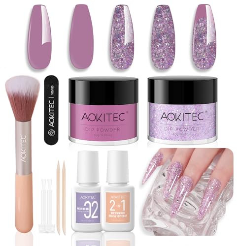 Aokitec Nail Dipping Powder Kit - Holiday Series Dip Powder Nail Kit with Purple & Glitter Nail Powder Dip Liquid Nail Dust Brush for DIY Nail Art, Easy to Carry, Gift for Women & Girls