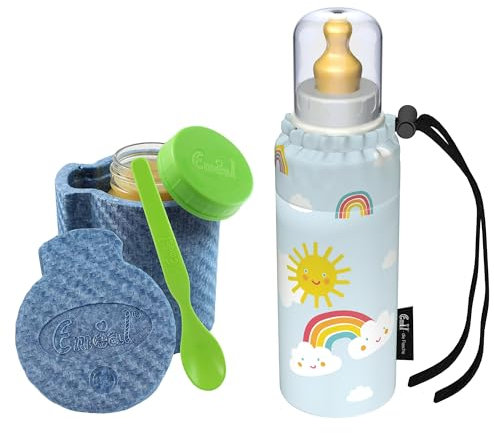 Emil Baby-Set – Thermo-Essglas mit Schraubverschluss, Thermobecher & Löffel – Babyflasche aus Glas, BPA-frei & schadstofffrei inkl. Latexsauger (0-6 Monate) & Anti-Kolik-Ventil - Rainbow