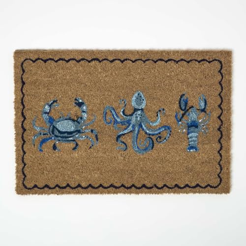 HOMESCAPES Natural Coir Door Mats, Sea Animals Heavy Duty Dirt Trapper, Non-Slip Door Mats Indoor Outdoor, 60 x 40 cm, PVC Reverse, Large Rugs For Entrance & Entryways - Blue Crab, Octopus, Squid