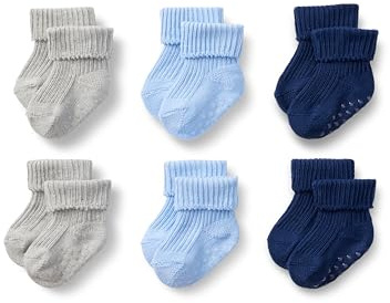 Amazon Essentials x Sofia Grainge Unisex Baby Gestrickte Socken Mit Rundhalsausschnitt, 6 Paar, Grau Heide/Hellblau/Marineblau, 0-6 Monate