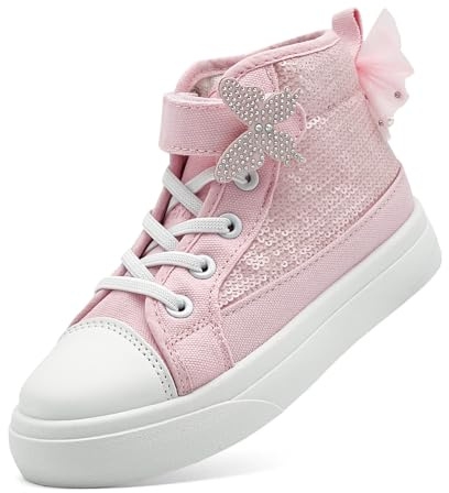 sharllen Kinder Turnschuhe Mädchen High-Top Glitzer Sneakers Sportschuhe | Canvas Segeltuchschuhe Leinwand Kleinkinder Bogenknoten Verstellbare Riemen Freizeitschuh
