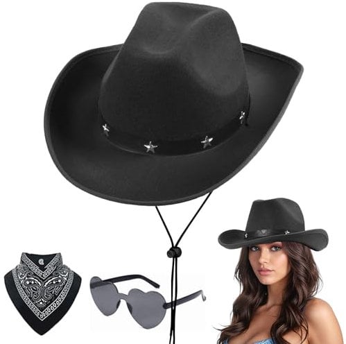 Aomig CowboyHut Damen Herren Fashion Cowboyhüte Cowgrilhut Rockstar Randlose Hippie Herzförmige Brille Halstuch Wilder Westen Party Brillen Geburtstagsfeier Fasching Karneval Kostüm Party (B-Schwarz)