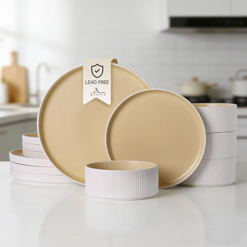 MONITO 12PCS Ceramic Dinnerware Set for 4, Stoneware Plates and Bowls Sets | Reactive Glaze Dish Set, Scratch Resistant Tableware Set, Reactive Glaze, Microwave & Dishwasher Safe, White Orange