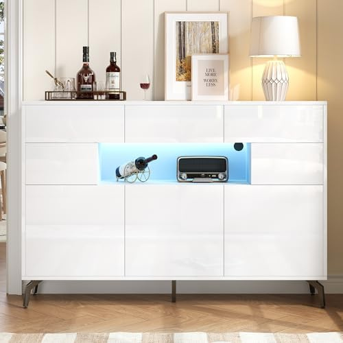 Wiuzo 140x30x94cm Wohnzimmer-Sideboard, mit 3 Schubladen und 5 Schränken,Hochglanz-Kommode Mit LED-Lichtleiste,Schrank mit 5 Metallbeinen, 140cm breit,MDF, weiß