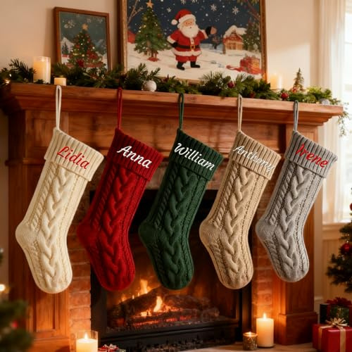 Generisch 2 PCS Nikolausstrumpf Personalisiert mit Gesticktem Namen 46cm | Groß Weihnachtsstrumpf zum Aufhängen, Rot, Weiß, Grün, Grau & Khaki, gestrickter Nikolaus Socken, Familiendeko, 18 Zoll
