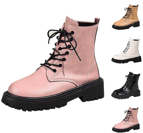 Momolaa Pink Ankle Boots for Women Patent Leather Platform Lug Sole Combat Booties Lace up Low Block Chunky Heel Side Zipper Fall Winter Black Military Boot Shoes Stylish Footwear Gift Size 3.5