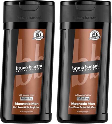bruno banani Magnetic Man Shower Gel, 3-in-1-Duschgel mit fesselnd-holziger Ambernote, 250ml (Packung mit 2)