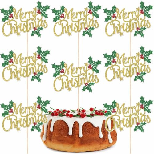 8 Packs Christmas Cake Toppers Holly Leaf Design Cupcake Toppers Merry Christmas Cake Decoration Green Holly Berries Cake Picks Topper with Gold Glitter for Xmas Party Cake Dessert DIY Supplies