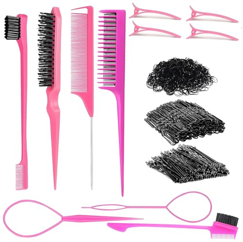 Rayakt Hair Styling Comb Set, Hairdressing Kit with Rat Tail Comb, Brow Brush, Teasing Brush, Edge Brush, Hair Clips, Hair Braiding Tools, Disposable Rubber Bands, Salon Tools for Woman Girl Home