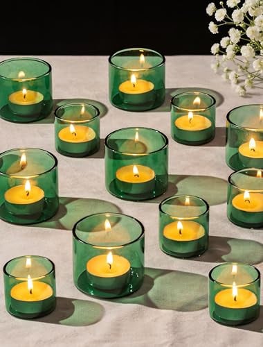 Romadedi Teelichthalter Glas Grün, 12er Set, 4,6 x 4 cm/5,7 x 5 cm | 3 mm extra dicke Wandstärke, Teelichtgläser für Teelichter Votivkerzen/Schwimmkerzen, für Hochzeit Party Tischdeko