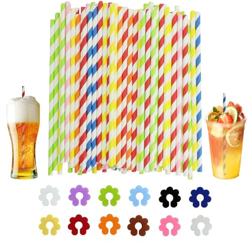 Lot de 200 Pailles en papier,Pailles Carton Arc-en-Ciel Pour Fêtes Joyeuses et Cocktails Festifs (200mm)