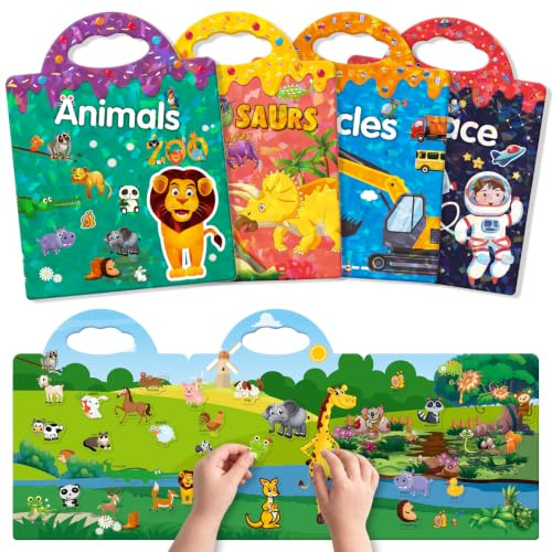 GUYUCOM 4 Pack Reusable Sticker Books, Toddler Travel Toys, 3D Clear Animal Vehicles Space Dinosaur Sticker Book, Suitable for Children's Educational Learning Toy Birthday Gifts