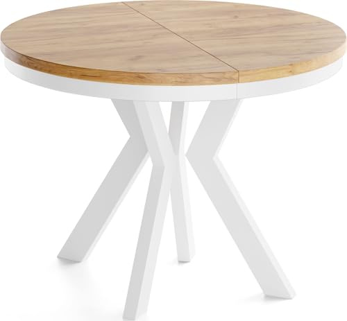 Runder Esstisch Ausziehbar 100-300 cm XXL Groß – Verlängerbar, für 5-14 Personen mit Weißen Holzbeinen & Metallring – Tisch für Wohnzimmer & Esszimmer in Eiche Braun