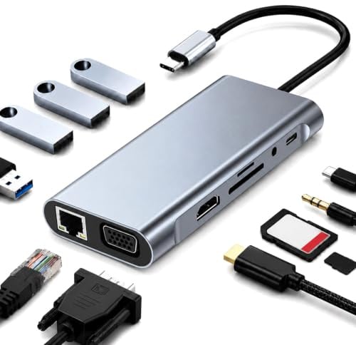 Solisara 11-in-1 USB C Hub Multiport Adapter, USB C Laptop Docking Station | Laptop Dock with 4K HDMI VGA RJ45 Ethernet 100W PD 4USB 3.0 Ports SD/TF Card Reader 3.5mm Audio for MacBook Dell HP Lenovo