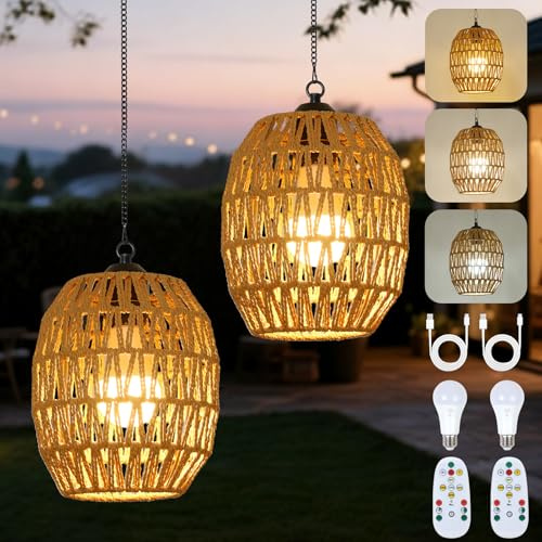 Rayofly 2 Stücke Akku Hängelampe Outdoor, Boho Hängelampe mit Batterie Akku | Rattan Lampenschirm Hängeleuchte mit Akku, Außen USB Hängeleuchte Outdoor Batterie mit Fernbedienung, Boho Lampe für Terrasse