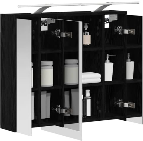 vidaXL Badezimmerspiegelschrank Schwarz Eichen-Optik, Moderne Badezimmer, rechteckiger Stauraum, Wandregal, doppelseitiger Spiegel, Flexibles Möbel