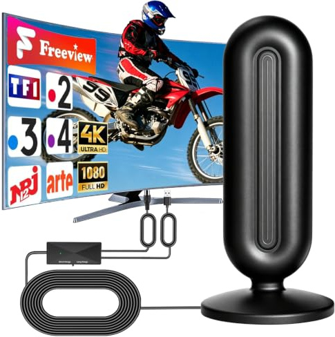 CSUXYD Antenne TV Interieur Puissante avec Amplificateur et Base Magnétique | Réception omnidirectionnelle 360°, Accède aux chaînes TV gratuites,Livré avec câble coaxial de 5 mètres,Facile à Installation