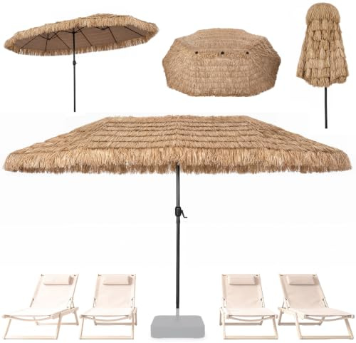 RELAX4LIFE Parasol Double Hawaïen Exotique 450x280cm | Grand Parasol de Jardin XXL Paillote Exotique en Paille PE 8 couches,Manivelle, Goupille Réglable pour Terrasse, Plage