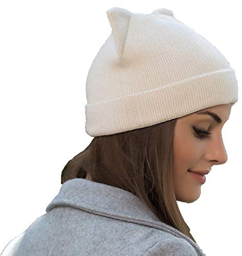 Damen-Mütze mit Katzenohren, Wolle, geflochten, Strick, trendig, Winter, warm, Beige, Einheitsgröße