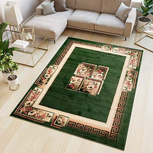 TAPISO Atlas Teppich Kurzflor Vierecke Blumen Floral Griechisch Bordüre Grün Creme Schlafzimmer Wohnzimmer Vintage Modern ÖKOTEX 180 x 250 cm