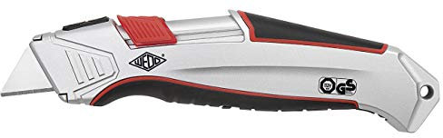 Wedo 078825 78825 Cutter Di Sicurezza In Alluminio Con Meccanismo Automatico Di Ritorno Della Lama, Alloggiamento In Alluminio Leggero, Impugnatura In Gomma Integrata, Argento / Nero / Rosso