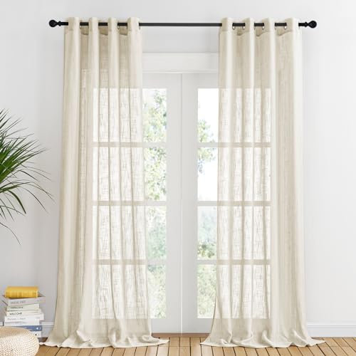 PONY DANCE Extra Long Voile Curtains for Living Room - Thick Kids Room Decoration Nautral Semi Transparent Privacy Protected Window Net Curtains for Nursery Room, 52 x 95 Inches, Set of 2, Beige