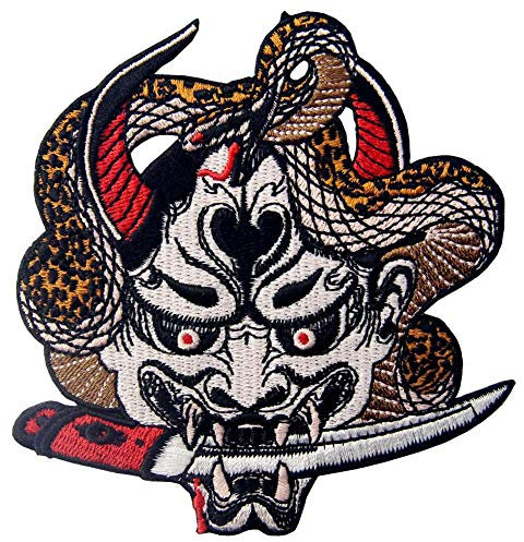 Aufnäher, bestickt, Design: Hannya Oni Maske, zum Aufbügeln oder Aufnähen