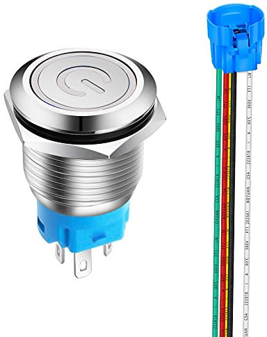 Gebildet 19mm Interruttori a Pulsante ad Aggancio in Acciaio Inossidabile, 12V-24V 5A LED 1NO1NC SPDT ON Off Interruttore a Levetta Impermeabile con Spina a Filo (LED Bianca)