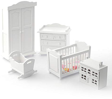 Puppenhaus Weiß Holz Kinderzimmermöbel Set Miniatur 5 Teile Baby Zimmer