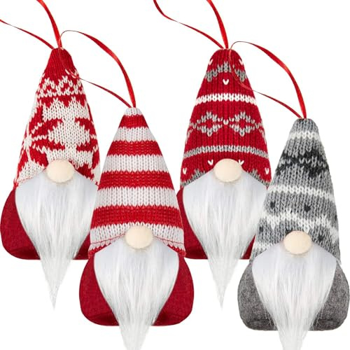 Skylety 4 Pcs Swedish Tomte Gnome Ornaments Christmas Tree Hanging Decor | Handmade Plush with Knit Hats White Beards, Scandinavian Farmhouse Style, Mantel Window Decor, Festive Holiday Ornaments