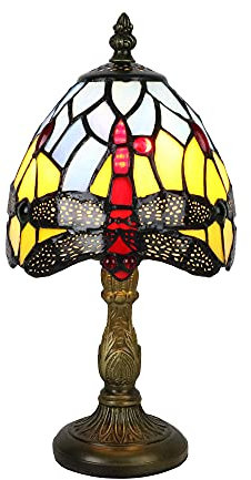 Tokira Mini Rote Libelle Tiffany Tischlampe, E14 DIY Glasmalerei Klein Tischlampe, Kinderzimmer Deco Nachtlicht, Jugenstil Tischlampe Nachttischlampe im Schlafzimmer [Ohne Glühbirnen]