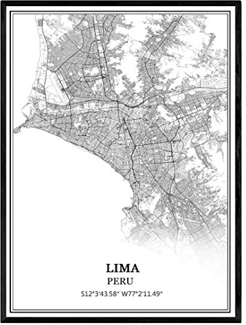 TANOKCRS Lima Peru Karte Wandkunst Leinwand drucken Poster Artwork ungerahmt moderne Schwarz-Weiß-Karte Souvenir Geschenk Home Decor 28x36 cm