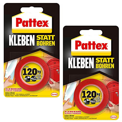 Henkel Cinta adhesiva Pattex en lugar de taladrar, doble cara extra fuerte, para trabajos montaje el interior y exterior, fijación la pared sin setr con 2 unidades