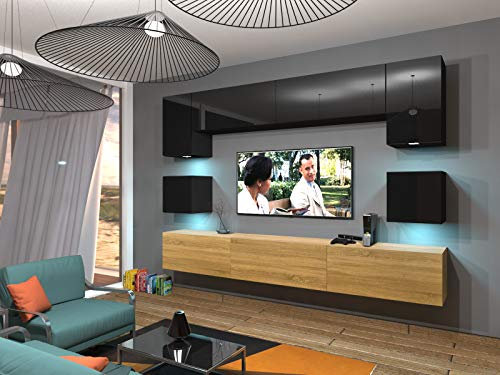 Furnitech Wohnwand Wohnzimmer | Wohnzimmer Möbel mit LED RGB - 16 Farben | Hängend Wohnwand Modern | Wohnzimmer Schrankwand mit Regale und TV Schrank (Nowara AN1-17BD-HGM44 1B)