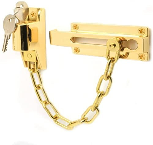TRTO 1x Brass Locking Door Chain & Screw Home Safety Guard Gold Front Back Useful for Home