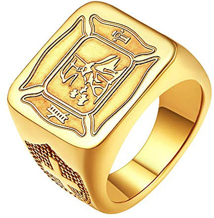 U7 Herren 18k vergoldet Fingerring Reisende Kraftfahrer Siegelring mit Schutzpatron Talisman Porträt St. Florian Modeschmuck für Männer(Ring Größe 67)